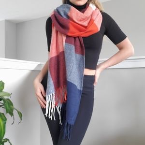 Plaid Blanket Scarf Blue, Orange, Red, White